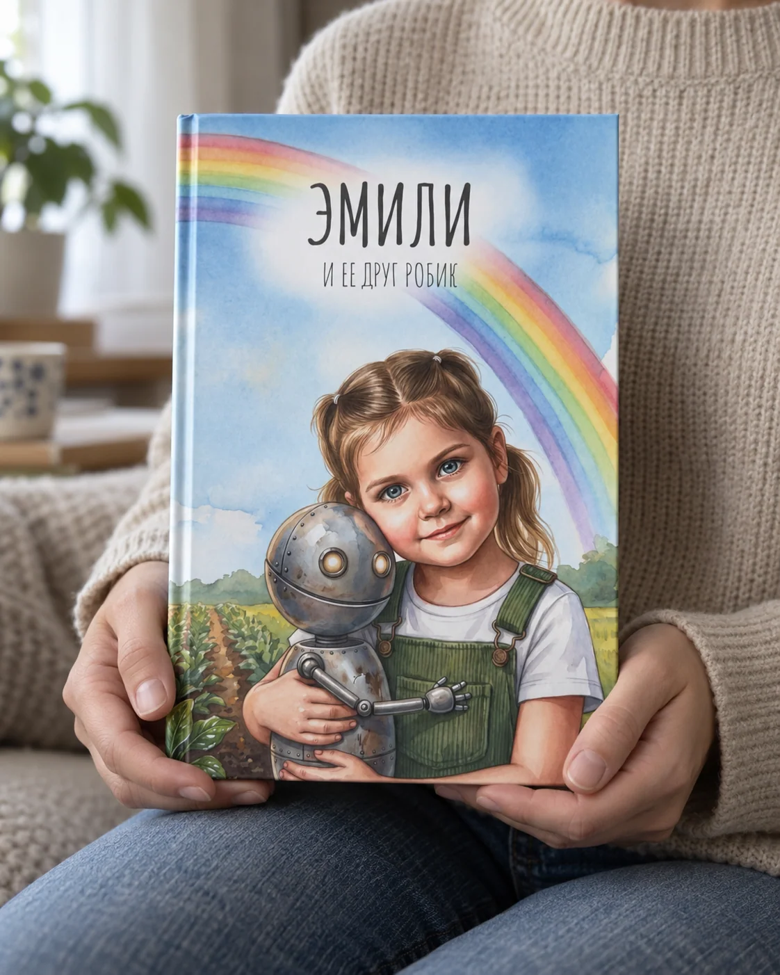 Книга «Эмили и её друг Робик» в руках взрослого человека